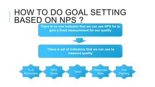 HOW TO DO GOAL SETTING
BASED ON NPS ?
             There is no one indicator that we can use NPS for to
                  give a fixed measurement for our quality




                 There is set of indicators that we can use to
                               measure quality




    % of           NPS                          Response           Fire
                                  Trend
 Promoters         Score                          Rate           Fighting
 