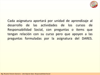 Cada asignatura aportará por unidad de aprendizaje al desarrollo de las actividades de los cursos de Responsabilidad Social, con preguntas o items que tengan relación con su curso pero que apoyen a las preguntas formuladas por la asignatura del DARES. 