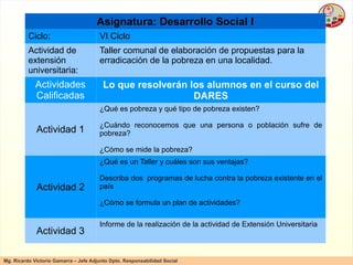 Asignatura: Desarrollo Social I Ciclo: VI Ciclo Actividad de extensión universitaria: Taller comunal de elaboración de propuestas para la  erradicación de la pobreza en una localidad. Actividades Calificadas Lo que resolverán los alumnos en el curso del DARES Actividad 1 ¿Qué es pobreza y qué tipo de pobreza existen? ¿Cuándo reconocemos que una persona o población sufre de pobreza? ¿Cómo se mide la pobreza? Actividad 2 ¿Qué es un Taller y cuáles son sus ventajas? Describa dos  programas de lucha contra la pobreza existente en el país ¿Cómo se formula un plan de actividades? Actividad 3 Informe de la realización de la actividad de Extensión Universitaria 