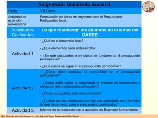 Asignatura: Desarrollo Social II Ciclo: VII Ciclo Actividad de extensión universitaria: Formulación de ideas de proyectos para el Presupuesto Participativo local. Actividades Calificadas Lo que resolverán los alumnos en el curso del DARES Actividad 1 - ¿Qué es el desarrollo local? - ¿Qué elementos tiene el desarrollo? - ¿En qué postulados o principios se fundamenta el presupuesto participativo? - ¿Qué pasos se sigue en el presupuesto participativo? Actividad 2 - ¿Cómo debe participar la comunidad en el presupuesto participativo? - ¿Como debe vigilar la comunidad el proceso de formulación y ejecución del presupuesto participativo? - ¿Cómo se organiza una mesa redonda? - ¿Cuáles son los elementos que hay que considerar para formular la idea de proyecto para el presupuesto participativo? Actividad 3 Informe de la realización de la actividad de Extensión Universitaria 