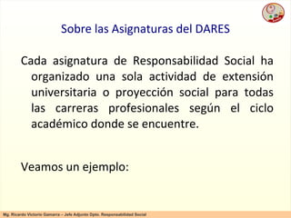 Sobre las Asignaturas del DARES Cada asignatura de Responsabilidad Social ha organizado una sola actividad de extensión universitaria o proyección social para todas las carreras profesionales según el ciclo académico donde se encuentre. Veamos un ejemplo: 
