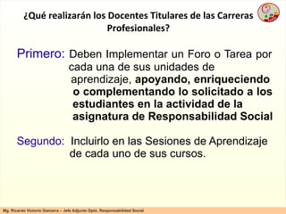 ¿Qué realizarán los Docentes Titulares de las Carreras Profesionales? Primero:  Deben Implementar un Foro o Tarea por    cada una de sus unidades de    aprendizaje,  apoyando, enriqueciendo      o complementando lo solicitado a los  estudiantes en la actividad de la  asignatura de Responsabilidad Social Segundo:   Incluirlo en las Sesiones de Aprendizaje  de cada uno de sus cursos. 