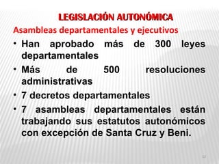 LEGISLACIÓN AUTONÓMICALEGISLACIÓN AUTONÓMICA
Asambleas departamentales y ejecutivos
• Han aprobado más de 300 leyes
departamentales
• Más de 500 resoluciones
administrativas
• 7 decretos departamentales
• 7 asambleas departamentales están
trabajando sus estatutos autonómicos
con excepción de Santa Cruz y Beni.
12
 