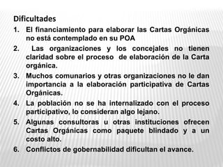Dificultades
1. El financiamiento para elaborar las Cartas Orgánicas
no está contemplado en su POA
2. Las organizaciones y los concejales no tienen
claridad sobre el proceso de elaboración de la Carta
orgánica.
3. Muchos comunarios y otras organizaciones no le dan
importancia a la elaboración participativa de Cartas
Orgánicas.
4. La población no se ha internalizado con el proceso
participativo, lo consideran algo lejano.
5. Algunas consultoras u otras instituciones ofrecen
Cartas Orgánicas como paquete blindado y a un
costo alto.
6. Conflictos de gobernabilidad dificultan el avance.
 