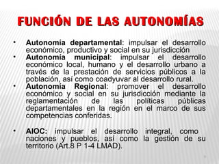 FUNCIÓN DE LAS AUTONOMÍASFUNCIÓN DE LAS AUTONOMÍAS
• Autonomía departamental: impulsar el desarrollo
económico, productivo y social en su jurisdicción
• Autonomía municipal: impulsar el desarrollo
económico local, humano y el desarrollo urbano a
través de la prestación de servicios públicos a la
población, así como coadyuvar al desarrollo rural.
• Autonomía Regional: promover el desarrollo
económico y social en su jurisdicción mediante la
reglamentación de las políticas públicas
departamentales en la región en el marco de sus
competencias conferidas.
• AIOC: impulsar el desarrollo integral, como
naciones y pueblos, así como la gestión de su
territorio (Art.8 P 1-4 LMAD).
5
 