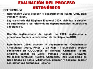 EVALUACIÓN DEL PROCESOEVALUACIÓN DEL PROCESO
AUTONÓMICOAUTONÓMICOREFERENDUM
• Referéndum 2006: acceden 4 departamentos (Santa Cruz, Beni,
Pamdo y Tarija).
• Ley transitoria del Régimen Electoral 2009, viabiliza la elección
de autoridades y los referéndums departamentales, municipales
y regionales.
• Decreto reglamentario de agosto de 2009, reglamenta el
procedimiento para la conversión de municipio en AIOC.
• Referéndum 2009: acceden 5 departamentos (Cochabamba,
Chuquisaca, Oruro, Potosí y La Paz). 11 Municipios deciden
convertirse en AIOC(Jesús de Machaca, Charazani; Totora;
Chipaya, Salinas de Garci; Pamapa Aullagas; Chayanta;
Mojocoya; tarabuco; Hucaya, Charagua). Tres Municipios del
Gran Chaco de Tarija (Villamontes, Caraparí y Yacuiba) deciden
conformar una autonomía Regional.
9
 