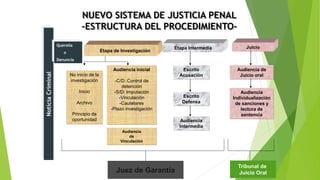 NoticiaCriminal
Querella
o
Denuncia
No inicio de la
investigación
Inicio
Archivo
Principio de
oportunidad
Audiencia inicial
-C/D: Control de
detención
-S/D: Imputación
-Vinculación
-Cautelares
-Plazo investigación
Etapa Intermedia
Escrito
Acusación
Audiencia
Intermedia
Audiencia
Individualización
de sanciones y
lectura de
sentencia
NUEVO SISTEMA DE JUSTICIA PENAL
-ESTRUCTURA DEL PROCEDIMIENTO-
Juicio
Etapa de Investigación
Escrito
Defensa
Juez de Garantía
Tribunal de
Juicio Oral
Audiencia de
Juicio oral
Audiencia
de
Vinculación
 