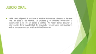 JUICIO ORAL
 Tiene como propósito el dilucidar la materia de la causa, tomando la decisión
final en base a los hechos, las pruebas y el Derecho declarando la
acreditación o no de un delito o delitos. De haber delito declarar la
intervención de la culpabilidad del imputado y si así fuere individualizar y
aplicar las consecuencias jurídicas del delito (penas)
 