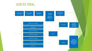 JUICIO ORAL
AUTO DE APERTURA
A JUICIO ORAL
ENVÍO AL TRIBUNAL
ORAL PENAL
RECEPCIÓN POR
PRESIDENTE
AUTO DE
RADICACIÓN
CITACIÓN A
AUDIENCIA DE
DEBATE A JUCIO
ORAL
AUDIENCIA DE
DEBATE DE JUICIO
ORAL
APERTURA DE LA AUDIENCIA
INDICACIÓN DE ACUSACIONES DEL AUTO DE APERTURA
DE JUCIO ORAL
ALEGATOS DE APERTURA
PRODUCCIÓN DE PRUEBA
ALEGATOS DE CLAUSURA
CIERRE DEL DEBATE
DELIBERACIÓN
FALLO
ABSOLUCIÓN
CONDENA
SENTENCIA
ABSOLUTORIA ,
LECTURA Y
EXPLICACIÓN
CITACIÓN A
AUDIENCIA DE
INDIVIDUALIZACIÓN
DE SANCIONES Y
REPARACIÓN DEL
DAÑO
 