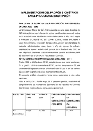 IMPLEMENTACIÓN DEL PADRÓN BIOMÉTRICO
             EN EL PROCESO DE INSCRIPCIÓN


      EVOLUCION DE LA MATRICULA E INSCRIPCIÓN UNIVERSITARIA
      EN UMSA 1992 - 2012
      La Universidad Mayor de San Andrés cuenta con una base de datos de
      215.983 registros con información sobre identificación personal, datos
      socio económicos de estudiantes matriculados desde el año 1992, según
      el formulario 01, REGISTRO ESTUDIANTIL,(sexo, estado civil, fecha y
      lugar de nacimiento, ocupación de los padres, Zona y características de
      vivienda, administración, área, turno y año de egreso de colegio,
      modalidad de ingreso, estado civil, genero, etc.), desde el año 1992, se
      han preparado diferentes cuadros estadísticos para el estudio del perfil
      del estudiante de la UMSA por Facultades y Carreras.
      TOTAL ESTUDIANTES MATRICULADOS UMSA 1992 – 2011
      El año 1992 la UMSA tenía 37123 estudiantes en sus trece facultades.
      En la gestión 2011 se matricularon 75503, se han incrementado 38.380
      universitarios representando un crecimiento del 103,39 % en los últimos
      20 años con un promedio anual de crecimiento del 5,0%.
      El presente análisis descriptivo toma como parámetros a dos años
      extremos:
      1992 a 2011 y 2012 hasta mayo de la presente gestión, mostrando el
      comportamiento de la matricula estudiantil de la Facultas de Ciencias
      Económicas realizando una comparación porcentual.


FACULTAD       GESTION       GESTION        CRECIMIENTO CRECIMIENTO
               1992          2011           EN                 EN
                                            ESTUDIANTES ESTUDIANTES
                                            (1992-2011)        (%)
                                                               (1992-2011)
Cs.            6.774         12.320         5.546              81, 87%
Económicas
 