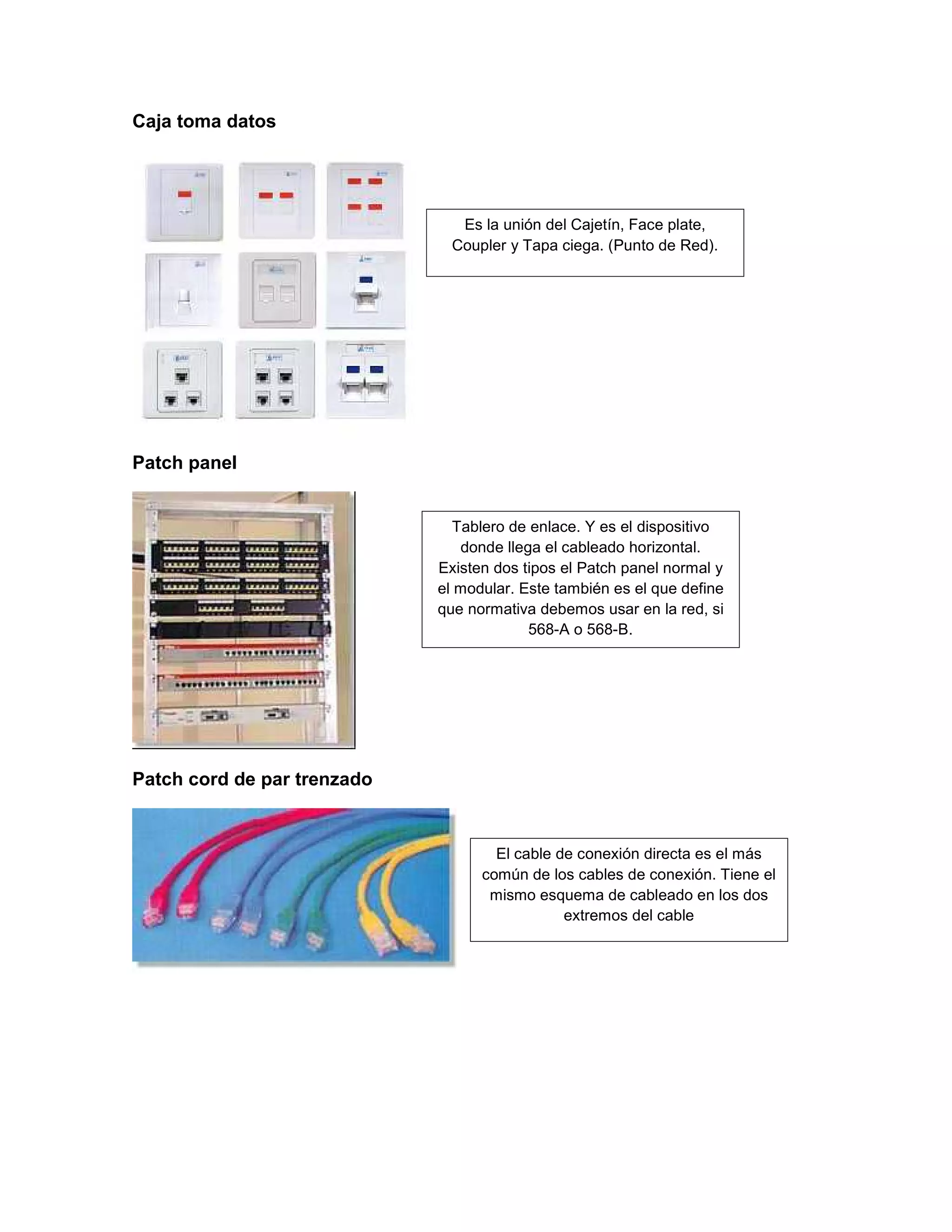 Caja toma datos
Patch panel
Patch cord de par trenzado
Es la unión del Cajetín, Face plate,
Coupler y Tapa ciega. (Punto de Red).
Tablero de enlace. Y es el dispositivo
donde llega el cableado horizontal.
Existen dos tipos el Patch panel normal y
el modular. Este también es el que define
que normativa debemos usar en la red, si
568-A o 568-B.
El cable de conexión directa es el más
común de los cables de conexión. Tiene el
mismo esquema de cableado en los dos
extremos del cable
 