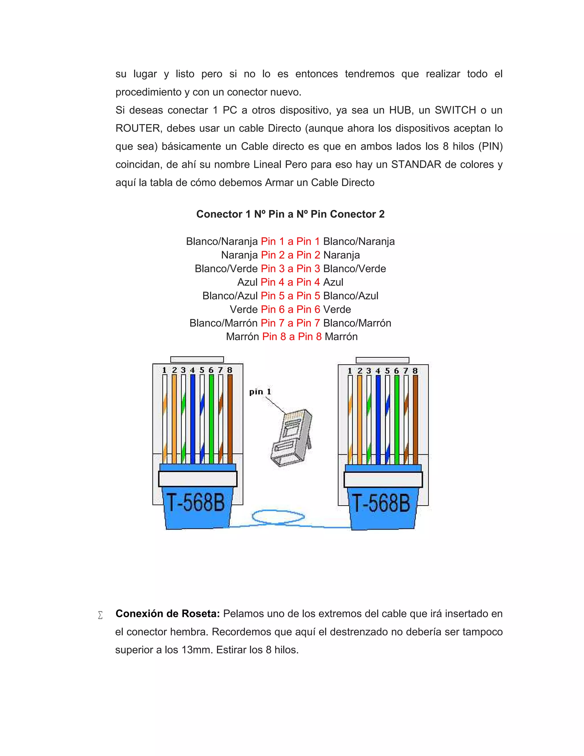 su lugar y listo pero si no lo es entonces tendremos que realizar todo el
procedimiento y con un conector nuevo.
Si deseas conectar 1 PC a otros dispositivo, ya sea un HUB, un SWITCH o un
ROUTER, debes usar un cable Directo (aunque ahora los dispositivos aceptan lo
que sea) básicamente un Cable directo es que en ambos lados los 8 hilos (PIN)
coincidan, de ahí su nombre Lineal Pero para eso hay un STANDAR de colores y
aquí la tabla de cómo debemos Armar un Cable Directo
Conector 1 Nº Pin a Nº Pin Conector 2
Blanco/Naranja Pin 1 a Pin 1 Blanco/Naranja
Naranja Pin 2 a Pin 2 Naranja
Blanco/Verde Pin 3 a Pin 3 Blanco/Verde
Azul Pin 4 a Pin 4 Azul
Blanco/Azul Pin 5 a Pin 5 Blanco/Azul
Verde Pin 6 a Pin 6 Verde
Blanco/Marrón Pin 7 a Pin 7 Blanco/Marrón
Marrón Pin 8 a Pin 8 Marrón
 Conexión de Roseta: Pelamos uno de los extremos del cable que irá insertado en
el conector hembra. Recordemos que aquí el destrenzado no debería ser tampoco
superior a los 13mm. Estirar los 8 hilos.
 