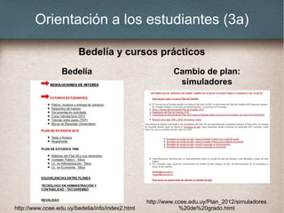 Orientación a los estudiantes (3a)
Bedelía Cambio de plan:
simuladores
Bedelía y cursos prácticos
http://www.ccee.edu.uy/bedelia/info/index2.html
http://www.ccee.edu.uy/Plan_2012/simuladores
%20de%20grado.html
 