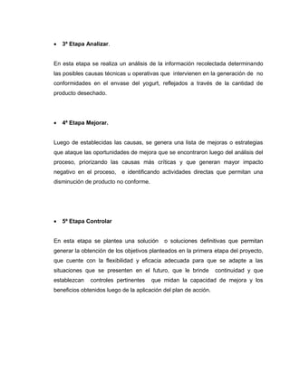 19
 3ª Etapa Analizar.
En esta etapa se realiza un análisis de la información recolectada determinando
las posibles causas técnicas u operativas que intervienen en la generación de no
conformidades en el envase del yogurt, reflejados a través de la cantidad de
producto desechado.
 4ª Etapa Mejorar.
Luego de establecidas las causas, se genera una lista de mejoras o estrategias
que ataque las oportunidades de mejora que se encontraron luego del análisis del
proceso, priorizando las causas más críticas y que generan mayor impacto
negativo en el proceso, e identificando actividades directas que permitan una
disminución de producto no conforme.
 5ª Etapa Controlar
En esta etapa se plantea una solución o soluciones definitivas que permitan
generar la obtención de los objetivos planteados en la primera etapa del proyecto,
que cuente con la flexibilidad y eficacia adecuada para que se adapte a las
situaciones que se presenten en el futuro, que le brinde continuidad y que
establezcan controles pertinentes que midan la capacidad de mejora y los
beneficios obtenidos luego de la aplicación del plan de acción.
 