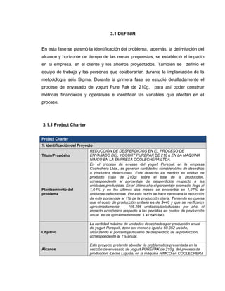 33
3.1 DEFINIR
En esta fase se plasmó la identificación del problema, además, la delimitación del
alcance y horizonte de tiempo de las metas propuestas, se estableció el impacto
en la empresa, en el cliente y los ahorros proyectados. También se definió el
equipo de trabajo y las personas que colaborarían durante la implantación de la
metodología seis Sigma. Durante la primera fase se estudió detalladamente el
proceso de envasado de yogurt Pure Pak de 210g, para así poder construir
métricas financieras y operativas e identificar las variables que afectan en el
proceso.
3.1.1 Project Charter
Project Charter
1. Identificación del Proyecto
Titulo/Propósito
REDUCCION DE DESPERDICIOS EN EL PROCESO DE
ENVASADO DEL YOGURT PUREPAK DE 210 g EN LA MAQUINA
NIMCO EN LA EMPRESA COOLECHERA LTDA.
Planteamiento del
problema
En el proceso de envase del yogurt Purepak en la empresa
Coolechera Ltda., se generan cantidades considerables de desechos
o productos defectuosos. Este desecho es medido en unidad de
producto (caja de 210g) sobre el total de la producción,
correspondiente al porcentaje de desperdicios respecto a las
unidades producidas. En el último año el porcentaje promedio llego al
1,64% y en los últimos dos meses se encuentra en 1,97% de
unidades defectuosas. Por esta razón se hace necesaria la reducción
de este porcentaje al 1% de la producción diaria. Teniendo en cuenta
que el costo de producción unitario es de $440 y que se verificaron
aproximadamente 108.286 unidades/defectuosas por año, el
impacto económico respecto a las perdidas en costos de producción
anual es de aproximadamente $ 47.645.840.
Objetivo
La cantidad máxima de unidades desechadas por producción anual
de yogurt Purepak, debe ser menor o igual a 60.052 un/año,
alcanzando el porcentaje máximo de desperdicio de la producción,
correspondiente al 1% anual.
Alcance
Este proyecto pretende abordar la problemática presentada en la
sección de envasado de yogurt PUREPAK de 210g, del proceso de
producción -Leche Líquida, en la máquina NIMCO en COOLECHERA
 
