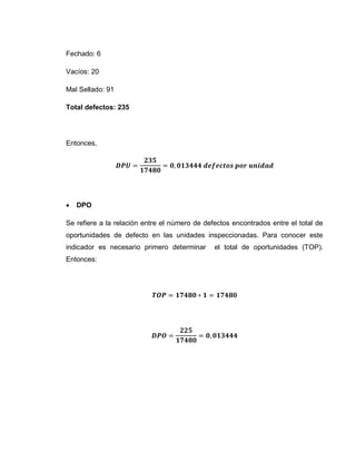 49
Fechado: 6
Vacíos: 20
Mal Sellado: 91
Total defectos: 235
Entonces,
 DPO
Se refiere a la relación entre el número de defectos encontrados entre el total de
oportunidades de defecto en las unidades inspeccionadas. Para conocer este
indicador es necesario primero determinar el total de oportunidades (TOP).
Entonces:
 