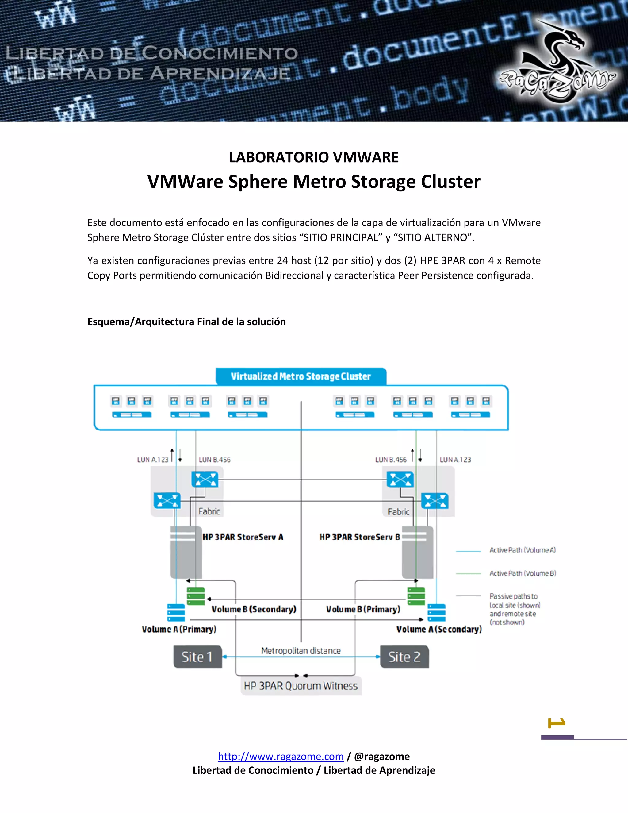 http://www.ragazome.com / @ragazome
Libertad de Conocimiento / Libertad de Aprendizaje
1
LABORATORIO VMWARE
VMWare Sphere Metro Storage Cluster
Este documento está enfocado en las configuraciones de la capa de virtualización para un VMware
Sphere Metro Storage Clúster entre dos sitios “SITIO PRINCIPAL” y “SITIO ALTERNO”.
Ya existen configuraciones previas entre 24 host (12 por sitio) y dos (2) HPE 3PAR con 4 x Remote
Copy Ports permitiendo comunicación Bidireccional y característica Peer Persistence configurada.
Esquema/Arquitectura Final de la solución
 