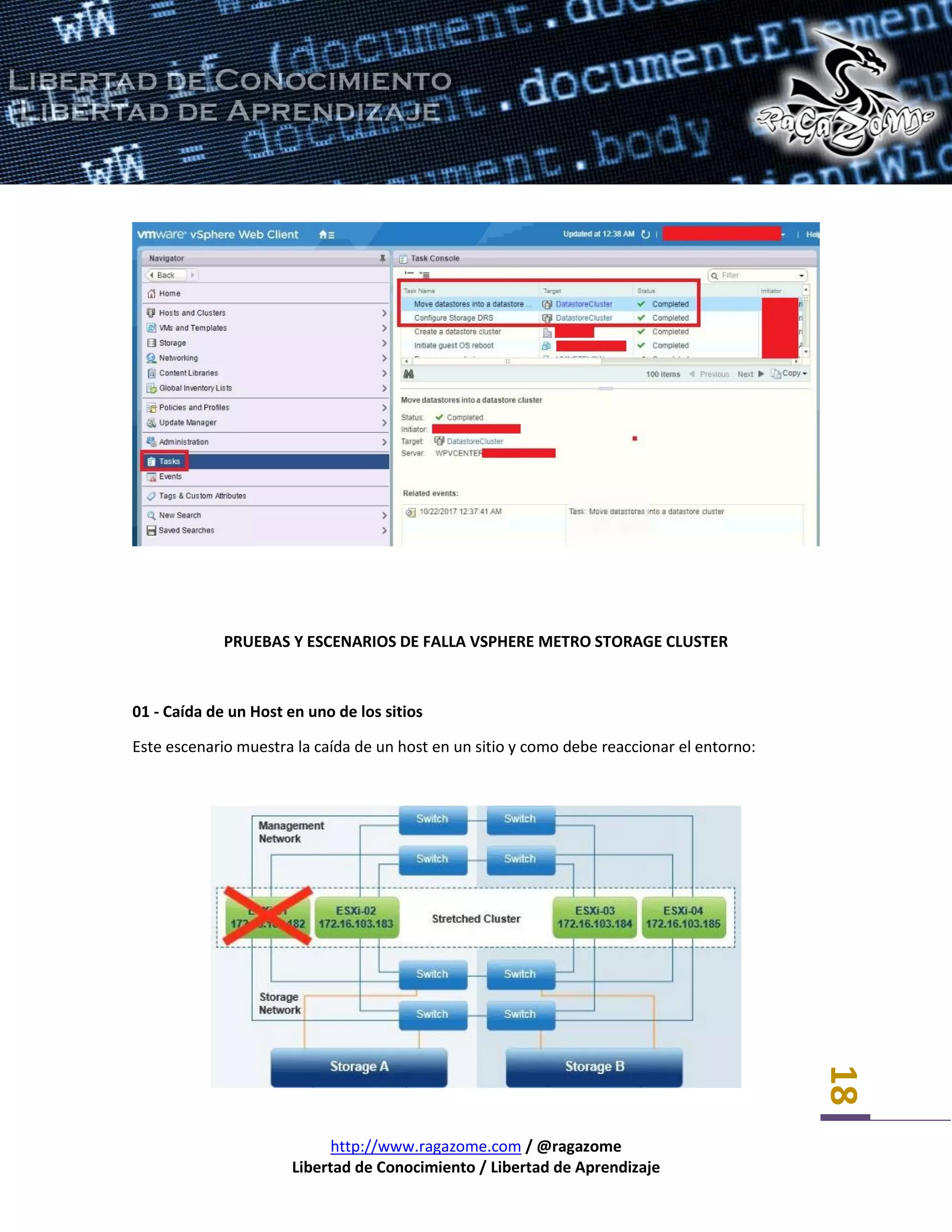 http://www.ragazome.com / @ragazome
Libertad de Conocimiento / Libertad de Aprendizaje
18
PRUEBAS Y ESCENARIOS DE FALLA VSPHERE METRO STORAGE CLUSTER
01 - Caída de un Host en uno de los sitios
Este escenario muestra la caída de un host en un sitio y como debe reaccionar el entorno:
 