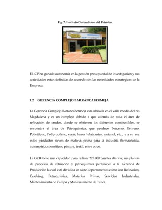 El ICP ha ganado autonomía en la gestión presupuestal de investigación y sus
actividades están definidas de acuerdo con las necesidades estratégicas de la
Empresa.
1.2 GERENCIA COMPLEJO BARRANCABERMEJA
La Gerencia Complejo Barrancabermeja está ubicada en el valle medio del río
Magdalena y es un complejo debido a que además de toda el área de
refinación de crudos, donde se obtienen los diferentes combustibles, se
encuentra el área de Petroquímica, que produce Benceno, Estireno,
Polietileno, Polipropileno, ceras, bases lubricantes, metanol, etc., y a su vez
estos productos sirven de materia prima para la industria farmacéutica,
automotriz, cosméticos, pintura, textil, entre otros.
La GCB tiene una capacidad para refinar 225.000 barriles diarios; sus plantas
de procesos de refinación y petroquímica pertenecen a la Gerencia de
Producción la cual está dividida en siete departamentos como son Refinación,
Cracking, Petroquímica, Materias Primas, Servicios Industriales,
Mantenimiento de Campo y Mantenimiento de Taller.
Fig. 7. Instituto Colombiano del Petróleo
 