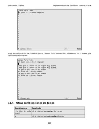 Joel Barrios Dueñas                                   Implementación de Servidores con GNU/Linux


            Linux Para Todos
            un buen sitio donde empezar
            ~
            ~
            ~
            ~
            ~
            ~
            ~
            ~
            ~
            ~
            ~
            ~
            ~
            ~
            ~
            ~
            ~
            ~
            7 líneas menos                                          2,1         Todo

Pulse la combinación :u y notará que el cambio se ha descartado, regresando las 7 líneas que
habían sido eliminadas:

            Linux Para Todos
            un buen sitio donde empezar

            Creo que el mundo es un lugar muy bueno
            Creo que el mundo es un lugar muy bueno
            La gente que conozco es buena
            Mi vida ha sido muy buena
            La gente que conozco es buena
            Mi vida ha sido muy buena
            ~
            ~
            ~
            ~
            ~
            ~
            ~
            ~
            ~
            ~
            ~
            7 líneas más                                            3,0-1       Todo

11.4. Otras combinaciones de teclas

        Combinación         Resultado
        i [o bien la tecla Inicia insertar texto antes del cursor
        insert]
        a                   Inicia insertar texto después del cursor



                                               116
 
