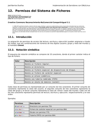 Joel Barrios Dueñas                                                                         Implementación de Servidores con GNU/Linux


12. Permisos del Sistema de Ficheros
Autor: Joel Barrios Dueñas
Correo electrónico: darkshram@gmail.com
sitio de Red: http://www.alcancelibre.org/
Jabber ID: darkshram@jabber.org



Creative Commons Reconocimiento-NoComercial-CompartirIgual 2.1

        © 1999-2007 Joel Barrios Dueñas. Usted es libre de copiar, distribuir y comunicar públicamente la obra y hacer obras derivadas bajo las condiciones
        siguientes: a) Debe reconocer y citar al autor original. b) No puede utilizar esta obra para fines comerciales. c) Si altera o transforma esta obra,
        o genera una obra derivada, sólo puede distribuir la obra generada bajo una licencia idéntica a ésta. Al reutilizar o distribuir la obra, tiene que dejar
        bien claro los términos de la licencia de esta obra. Alguna de estas condiciones puede no aplicarse si se obtiene el permiso del titular de los derechos
        de autor. Los derechos derivados de usos legítimos u otras limitaciones no se ven afectados por lo anterior. La información contenida en este
        documento y los derivados de éste se proporcionan tal cual son y los autores no asumirán responsabilidad alguna si el usuario o lector hace mal uso de
        éstos.



12.1. Introducción
La asignación de permisos de acceso (de lectura, escritura y ejecución) pueden asignarse a través
de modos, que son combinaciones de números de tres dígitos (usuario, grupo y resto del mundo) y
el mandato chmod.

12.2. Notación simbólica
El esquema de notación simbólica se compone de 10 caracteres, donde el primer carácter indica el
tipo de fichero:

            Valor                Descripción
            -                    Denota un fichero regular.
            d                    Denota un directorio.
            b                    Denota un fichero especial de dispositivos de bloque.
            c                    Denota un fichero de carácter especial
            l                    Denota un enlace simbólico.
            p                    Denota una tubería nombrada (FIFO)
            s                    Denota un zócalo de dominio (socket)

Cada clase de permisos es representada por un conjunto de tres caracteres. El primer conjunto de
caracteres representa la clase del usuario, el segundo conjunto de tres caracteres representa la
clase del grupo y el tercer conjunto representa la clase de «otros» (resto del mundo). Cada uno de
los tres caracteres representa permisos de lectura, escritura y ejecución, respectivamente y en ese
orden.

Ejemplos:

            Permisos                        Descripción
            drwxr-xr-x                      Directorio con permiso 755.
            crw-rw-r--                      Fichero de carácter especial con permiso 664.
            srwxrwxr-x                      Zócalo con permiso 775.
            prw-rw-r--                      Tubería (FIFO) con permiso 664.


                                                                                 118
 