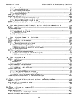 Joel Barrios Dueñas                                                                               Implementación de Servidores con GNU/Linux

       23.4.1.Parámetro            Port.........................................................................................................................
                                                                                                                                                              ..........181
       23.4.2.Parámetro            ListenAddress........................................................................................................     ...........181
       23.4.3.Parámetro            PermitRootLogin.........................................................................................................       ......181
       23.4.4.Parámetro            X11Forwarding..................................................................................................       ...............182
       23.4.5.Parámetro            AllowUsers.........................................................................................................   ...............182
   23.5.Aplicando los cambios............................................................................................... ...........182
   23.6.Probando OpenSSH..................................................................................... .........................183
       23.6.1.Acceso a través de intérprete de mandatos................................................................................... ...183
       23.6.2.Transferencia de ficheros a través de SFTP....................................................................................
                                                                                                                                           ...183
       23.6.3.Transferencia de ficheros a través de SCP.......................................................................................184
                                                                                                                           .
   23.7.Modificaciones necesarias en el muro cortafuegos................................................. .............185

24.Cómo utilizar OpenSSH con autenticación a través de clave pública.................186
   24.1.Introducción......................................................................................................................... .186
   24.2.Procedimientos............................................................................................................ .........186
       24.2.1.Modificaciones en el Servidor........................................................................................
                                                                                                                                  ....................186
       24.2.2.Modificaciones en el Cliente......................................................................................
                                                                                                                              ........................186
           24.2.2.1.Generar clave pública.............................................................................................................
                                                                                                                                                     ........................186
       24.2.3.Comprobaciones.............................................................................................................
                                                                                                                                       ...................187


25.Cómo configurar OpenSSH con Chroot...............................................................188
                                                                              .
   25.1.Introducción......................................................................................................................... .188
   25.2.Equipamiento lógico necesario.............................................................. ..............................188
   25.3.Procedimientos............................................................................................................ .........190
       25.3.1.Componentes mínimos para la jaula............................................................................  .....................190
       25.3.2.Ficheros /etc/passwd y /etc/group......................................................................................
                                                                                                                                   ...............191
           25.3.2.1.Ejemplo del contenido de /etc/passwd dentro de la jaula...............................................................................191
                                                                                                                                                        .
           25.3.2.2.Ejemplo del contenido de /etc/group dentro de la jaula.................................................................. ...............191
                                                                                                                                           .
       25.3.3.Dispositivos de bloque.............................................................................................................
                                                                                                                                               ..........191
   25.4.Ejemplo práctico............................................................................................................ .......191
       25.4.1.Crear las cuentas de los usuarios......................................................................................
                                                                                                                                   ................191
       25.4.2.Ejemplo aplicado a sitio de red virtual con Apache..........................................................................192.
           25.4.2.1.Comprobaciones del ejemplo.............................................................................................................
                                                                                                                                                          .............193


26.Cómo configurar NTP............................................................................
                                                                                                ................194
   26.1.Introducción......................................................................................................................... .194
       26.1.1.Acerca de NTP.........................................................................................................................
                                                                                                                                                  ...........194
           26.1.1.1.Estratos...............................................................................................................................................
                                                                                                                                                                         ............194
       26.1.2.Acerca de UTC.................................................................................................................................
                                                                                                                                                          ...195
   26.2.Equipamiento lógico necesario.............................................................. ..............................195
       26.2.1.Instalación a través de yum..............................................................................................................
                                                                                                                                                     .195
       26.2.2.Instalación a través de up2date....................................................................................... .................195
   26.3.Procedimientos........................................................................................................... ..........195
       26.3.1.Herramienta ntpdate......................................................................................................
                                                                                                                                     ...................195
       26.3.2.Fichero de configuración /etc/ntp.conf..............................................................................      ................195
       26.3.3.Iniciar, detener y reiniciar el servicio ntpd.......................................................................................196
                                                                                                                                 .
       26.3.4.Agregar el servicio ntpd al arranque del sistema.............................................................................197  .
   26.4.Modificaciones necesarias en el muro cortafuegos................................................. .............197

27.Cómo configurar el sistema para sesiones gráficas remotas.............................198
   27.1.Introducción.......................................................................................................................... 198
   27.2.Sesión gráfica remota con GDM.................................................................... .......................198
       27.2.1.Procedimiento....................................................................................................................
                                                                                                                                             ................198


28.Cómo configurar un servidor NFS.......................................................................201
                                                                        .
   28.1.Introducción.......................................................................................................................... 201
   28.2.Procedimientos............................................................................................................ .........201
       28.2.1.Instalación del sustento lógico necesario............................................................................
                                                                                                                                  ..............201
   28.3.Configurando la seguridad.............................................................................. .....................201


                                                                                       11
 