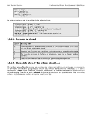 Joel Barrios Dueñas                                      Implementación de Servidores con GNU/Linux


        mkdir   -p ~/tmp/
        touch   ~/tmp/algo.txt
        ls -l   ~/tmp/algo.txt
        chmod   755 ~/tmp/algo.txt
        ls -l   ~/tmp/algo.txt


Lo anterior debe arrojar una salida similar a la siguiente:

        [fulano@localhost ~]$ mkdir -p ~/tmp/
        [fulano@localhost ~]$ touch ~/tmp/algo.txt
        [fulano@localhost ~]$ ls -l ~/tmp/algo.txt
        -rw-rw-r-- 1 fulano fulano 0 mar 2 15:09 /home/fulano/tmp/algo.txt
        [fulano@localhost ~]$ chmod 755 ~/tmp/algo.txt
        [fulano@localhost ~]$ ls -l ~/tmp/algo.txt
        -rwxr-xr-x 1 fulano fulano 0 mar 2 15:09 /home/fulano/tmp/algo.txt
        [fulano@localhost ~]$


12.5.1. Opciones de chmod

        Opción      Descripción
        -R          Cambia permisos de forma descendente en un directorio dado. Es la única
                    opción de los estándares POSIX
        -c          Muestra que ficheros han cambiado recientemente en una ubicación dada
        -f          No muestra errores de ficheros o directorios que no se hayan podido
                    cambiar
        -v          Descripción detallada de los mensajes generados por el proceso

12.5.2. El mandato chmod y los enlaces simbólicos

El mandato chmod jamás cambia los permisos de enlaces simbólicos; sin embargo no representa
un problema en virtud de que jamás se utilizan los permisos de los enlaces simbólicos. Si se aplica
el mandato chmod sobre un enlace simbólico, se cambiará el permiso del fichero o directorio hacia
el cual apunta. Cuando se aplica chmod de forma descendente en un directorio, éste ignora los
enlaces simbólicos que pudiera encontrar en el recorrido.




                                                  122
 