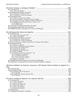 Joel Barrios Dueñas                                                                              Implementación de Servidores con GNU/Linux


44.Cómo instalar y configurar MySQL™................................................................
                                                                                                  ....309
   44.1.Introducción......................................................................................................................... .309
       44.1.1.Acerca de MySQL™.................................................................................................................
                                                                                                                                             ...........309
   44.2.Equipamiento lógico necesario.............................................................. ..............................309
       44.2.1.Instalación a través de yum..............................................................................................................
                                                                                                                                                     .309
       44.2.2.Instalación a través de up2date....................................................................................... .................309
   44.3.Procedimientos........................................................................................................... ..........310
       44.3.1.SELinux y el servicio mysqld........................................................................................................
                                                                                                                                                ......310
       44.3.2.Iniciar, detener y reiniciar el servicio mysqld...................................................................................310
                                                                                                                                  .
       44.3.3.Agregar el servicio mysqld al arranque del sistema.........................................................................311     .
       44.3.4.Asignación de clave de acceso al usuario root.................................................................................311
                                                                                                                                           .
           44.3.4.1.Método corto.......................................................................................................................................
                                                                                                                                                                     ............311
           44.3.4.2.Método largo....................................................................................................................................
                                                                                                                                                                  ...............311
   44.4.Creando y destruyendo bases de datos........................................................ .......................313
   44.5.Otorgando permisos a los usuarios.................................................................. ....................313
   44.6.Modificaciones necesarias en el muro cortafuegos................................................. .............314

45.Configuración básica de Apache.........................................................................315
                                                                                 .
   45.1.Introducción......................................................................................................................... .315
       45.1.1.Acerca del protocolo HTTP.....................................................................................................  ............315
       45.1.2.Acerca de Apache..........................................................................................................
                                                                                                                                      ....................315
   45.2.Equipamiento lógico necesario.............................................................. ..............................315
       45.2.1.Instalación a través de yum..............................................................................................................
                                                                                                                                                     .315
       45.2.2.Instalación a través de Up2date............................................................................................. ...........316
   45.3.Iniciar servicio y añadir el servicio al arranque del sistema................................... ..............316
   45.4.Procedimientos........................................................................................................... ..........316
       45.4.1.SELinux y Apache..................................................................................................... .........................316
       45.4.2.UTF-8 y codificación de documentos.................................................................................            ................317
       45.4.3.Ficheros de configuración.....................................................................................................    .............318
       45.4.4.Directorios virtuales................................................................................................................
                                                                                                                                                  ...........318
       45.4.5.Redirección de directorios.........................................................................................    ........................319
       45.4.6.Tipos de MIME.......................................................................................................................
                                                                                                                                                .............319
       45.4.7.Soporte para CGI con extensión *.cgi............................................................................................           ....319
           45.4.7.1.Probando la configuración...............................................................................................................................319
           45.4.7.2.Problemas posteriores.................................................................................................................................
                                                                                                                                                                        ....320
           45.4.7.3.Error más común número 1.......................................................................................................................   ......320
           45.4.7.4.Error más común número 2.......................................................................................................................   ......320
       45.4.8.Robo de imágenes............................................................................................................
                                                                                                                                        .................320
   45.5.Modificaciones necesarias en el muro cortafuegos................................................. .............321
   45.6.Apéndice: Configuración de Sitios de Red virtuales en Apache...........................................322

46.Cómo habilitar los ficheros .htaccess y SSI )Server Side Includes) en Apache 2.x..
324
   46.1.Introducción......................................................................................................................... .324
   46.2.Procedimientos........................................................................................................... ..........324
       46.2.1.Autenticación de directorios.............................................................................................
                                                                                                                                     .................324
           46.2.1.1.Ejemplo...........................................................................................................................................
                                                                                                                                                                    ................324
       46.2.2.Asignación de directivas para PHP..................................................................................................
                                                                                                                                               ...325
           46.2.2.1.Ejemplo............................................................................................................................................
                                                                                                                                                                     ...............326


47.Cómo configurar Apache con soporte SSL/TLS. .................................................328
                                                                                       .
   47.1.Introducción......................................................................................................................... .328
       47.1.1.Acerca         de   HTTPS................................................................................................................................328
       47.1.2.Acerca         de   RSA..............................................................................................................................
                                                                                                                                                                 ......328
       47.1.3.Acerca         de   Triple DES.......................................................................................................................... 328
       47.1.4.Acerca         de   X.509...........................................................................................................................
                                                                                                                                                                 ......329
       47.1.5.Acerca         de   OpenSSL........................................................................................................................  ....329
       47.1.6.Acerca         de   mod_ssl.............................................................................................................................329
   47.2.Requisitos.................................................................................................................. ...........329
   47.3.Equipamiento lógico necesario.............................................................. ..............................329


                                                                                      16
 