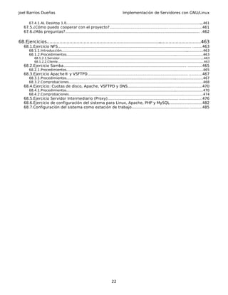 Joel Barrios Dueñas                                                                               Implementación de Servidores con GNU/Linux

       67.4.1.AL Desktop 1.0................................................................................................................................
                                                                                                                                                          ...461
   67.5.¿Cómo puedo cooperar con el proyecto?.................................................. ...........................461
   67.6.¿Más preguntas?.................................................................................................................. .462

68.Ejercicios.................................................................................
                                                                                            ..............................463
   68.1.Ejercicio NFS................................................................................................................. ........463
       68.1.1.Introducción.......................................................................................................................
                                                                                                                                               ................463
       68.1.2.Procedimientos....................................................................................................... ...........................463
           68.1.2.1.Servidor........................................................................................................................................................
                                                                                                                                                                                   ...463
           68.1.2.2.Cliente.........................................................................................................................................................
                                                                                                                                                                                  ....463
   68.2.Ejercicio Samba........................................................................................................ ............465
       68.2.1.Procedimientos.......................................................................................................
                                                                                                                                 ...........................465
   68.3.Ejercicio Apache® y VSFTPD..................................................................................... ...........467
       68.3.1.Procedimientos.......................................................................................................
                                                                                                                                 ...........................467
       68.3.2.Comprobaciones................................................................................................................................468
   68.4.Ejercicio: Cuotas de disco, Apache, VSFTPD y DNS........................................ ......................470
       68.4.1.Procedimientos.......................................................................................................
                                                                                                                                 ...........................470
       68.4.2.Comprobaciones................................................................................................................................474
   68.5.Ejercicio Servidor Intermediario (Proxy)............................................................ ...................476
   68.6.Ejercicio de configuración del sistema para Linux, Apache, PHP y MySQL...........................482
   68.7.Configuración del sistema como estación de trabajo................................................. ..........485




                                                                                       22
 