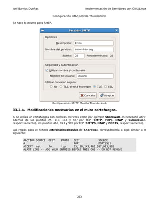 Joel Barrios Dueñas                                    Implementación de Servidores con GNU/Linux

                              Configuración IMAP, Mozilla Thunderbird.

Se hace lo mismo para SMTP.




                              Configuración SMTP, Mozilla Thunderbird.

33.2.4. Modificaciones necesarias en el muro cortafuegos.

Si se utiliza un cortafuegos con políticas estrictas, como por ejemplo Shorewall, es necesario abrir,
además de los puertos 25, 110, 143 y 587 por TCP (SMTP, POP3, IMAP y Submission,
respectivamente), los puertos 465, 993 y 995 por TCP (SMTPS, IMAP y POP3S, respectivamente).

Las reglas para el fichero /etc/shorewall/rules de Shorewall correspondería a algo similar a lo
siguiente:

        #ACTION SOURCE DEST     PROTO   DEST            SOURCE
        #                               PORT            PORT(S)1
        ACCEPT net      fw      tcp     25,110,143,465,587,993,995
        #LAST LINE -- ADD YOUR ENTRIES BEFORE THIS ONE -- DO NOT REMOVE




                                                253
 