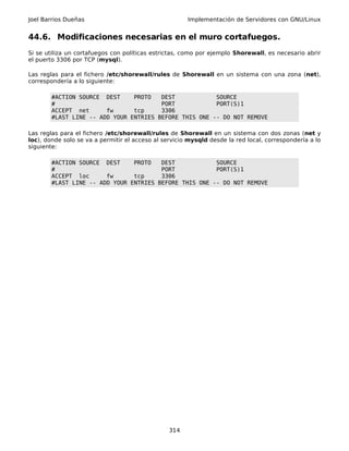 Joel Barrios Dueñas                                    Implementación de Servidores con GNU/Linux


44.6. Modificaciones necesarias en el muro cortafuegos.
Si se utiliza un cortafuegos con políticas estrictas, como por ejemplo Shorewall, es necesario abrir
el puerto 3306 por TCP (mysql).

Las reglas para el fichero /etc/shorewall/rules de Shorewall en un sistema con una zona (net),
correspondería a lo siguiente:

        #ACTION SOURCE DEST     PROTO   DEST            SOURCE
        #                               PORT            PORT(S)1
        ACCEPT net      fw      tcp     3306
        #LAST LINE -- ADD YOUR ENTRIES BEFORE THIS ONE -- DO NOT REMOVE

Las reglas para el fichero /etc/shorewall/rules de Shorewall en un sistema con dos zonas (net y
loc), donde solo se va a permitir el acceso al servicio mysqld desde la red local, correspondería a lo
siguiente:

        #ACTION SOURCE DEST     PROTO   DEST            SOURCE
        #                               PORT            PORT(S)1
        ACCEPT loc      fw      tcp     3306
        #LAST LINE -- ADD YOUR ENTRIES BEFORE THIS ONE -- DO NOT REMOVE




                                                 314
 