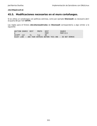 Joel Barrios Dueñas                                   Implementación de Servidores con GNU/Linux

/etc/httpd/conf.d/.

45.5. Modificaciones necesarias en el muro cortafuegos.
Si se utiliza un cortafuegos con políticas estrictas, como por ejemplo Shorewall, es necesario abrir
el puerto 80 por TCP (HTTP).

Las reglas para el fichero /etc/shorewall/rules de Shorewall correspondería a algo similar a lo
siguiente:

       #ACTION SOURCE DEST     PROTO   DEST            SOURCE
       #                               PORT            PORT(S)1
       ACCEPT net      fw      tcp     80
       #LAST LINE -- ADD YOUR ENTRIES BEFORE THIS ONE -- DO NOT REMOVE




                                                321
 