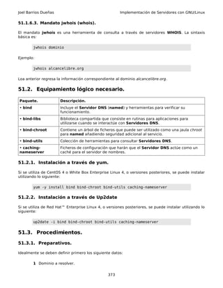 Joel Barrios Dueñas                                    Implementación de Servidores con GNU/Linux

51.1.6.3. Mandato jwhois (whois).

El mandato jwhois es una herramienta de consulta a través de servidores WHOIS. La sintaxis
básica es:

         jwhois dominio

Ejemplo:

         jwhois alcancelibre.org

Loa anterior regresa la información correspondiente al dominio alcancelibre.org.

51.2. Equipamiento lógico necesario.

Paquete.               Descripción.
• bind                 Incluye el Servidor DNS (named) y herramientas para verificar su
                       funcionamiento.
• bind-libs            Biblioteca compartida que consiste en rutinas para aplicaciones para
                       utilizarse cuando se interactúe con Servidores DNS.
• bind-chroot          Contiene un árbol de ficheros que puede ser utilizado como una jaula chroot
                       para named añadiendo seguridad adicional al servicio.
• bind-utils           Colección de herramientas para consultar Servidores DNS.
• caching-             Ficheros de configuración que harán que el Servidor DNS actúe como un
nameserver             caché para el servidor de nombres.

51.2.1. Instalación a través de yum.

Si se utiliza de CentOS 4 o White Box Enterprise Linux 4, o versiones posteriores, se puede instalar
utilizando lo siguiente:

         yum -y install bind bind-chroot bind-utils caching-nameserver

51.2.2. Instalación a través de Up2date

Si se utiliza de Red Hat™ Enterprise Linux 4, o versiones posteriores, se puede instalar utilizando lo
siguiente:

         up2date -i bind bind-chroot bind-utils caching-nameserver


51.3. Procedimientos.

51.3.1. Preparativos.

Idealmente se deben definir primero los siguiente datos:

         1 Dominio a resolver.


                                                 373
 