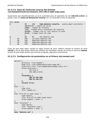 Joel Barrios Dueñas                                 Implementación de Servidores con GNU/Linux

51.3.2.4. Zona de resolución inversa del dominio
/var/named/chroot/var/named/1.243.148.in-addr.arpa.zone

Suponiendo que hipotéticamente se es la autoridad para el segmento de red 148.234.1.0/24, se
puede crear una Zona de Resolución Inversa con un contenido similar al siguiente:

  $TTL 86400
  @                   IN      SOA     fqdn.dominio-resuelto. cuenta.email.existente. (
                      2007041701 ; número de serie
                      28800 ; tiempo de refresco
                      7200 ; tiempo entre reintentos de consulta
                      604800 ; tiempo tras el cual expira la zona
                      86400 ; tiempo total de vida
                      )
  @                   IN      NS      dns.dominio.com.
  1        IN         PTR     servidor.dominio.com.
  2        IN         PTR     maquina2.dominio.com.
  3        IN         PTR     maquina3.dominio.com.
  4        IN         PTR     maquina4.dominio.com.

Cada vez que haga algún cambio en algún fichero de zona, deberá cambiar el número de serie
(serial) a fin de que tomen efecto los cambios de inmediato cuando se reinicie el servicio named,
ya que de otro modo tendría que reiniciar el equipo, algo poco conveniente.

51.3.2.5. Configuración de parámetros en el fichero /etc/named.conf

        options {
                directory "/var/named/";
                dump-file "/var/named/data/cache_dump.db";
                statistics-file "/var/named/data/named_stats.txt";
                allow-recursion {
                        127.0.0.1;
                        192.168.1.0/24;
                };
                forwarders {
                        200.33.146.209;
                        200.33.146.217;
                };
                forward first;
        };
        zone "." {
                type hint;
                file "named.ca";
        };
        zone "0.0.127.in-addr.arpa" {
                type master;
                file "0.0.127.in-addr.arpa.zone";
                allow-update { none; };
        };
        zone "localhost" {
                type master;
                file "localhost.zone";
                allow-update { none; };
        };
        zone "dominio.com" {


                                              376
 
