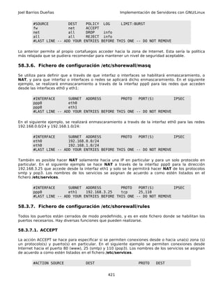 Joel Barrios Dueñas                                   Implementación de Servidores con GNU/Linux


        #SOURCE         DEST    POLICY LOG      LIMIT:BURST
        fw              net     ACCEPT
        net             all     DROP    info
        all             all     REJECT info
        #LAST LINE -- ADD YOUR ENTRIES BEFORE THIS ONE -- DO NOT REMOVE

Lo anterior permite al propio cortafuegos acceder hacia la zona de Internet. Esta sería la política
más relajada que se pudiera recomendar para mantener un nivel de seguridad aceptable.

58.3.6. Fichero de configuración /etc/shorewall/masq

Se utiliza para definir que a través de que interfaz o interfaces se habilitará enmascaramiento, o
NAT, y para que interfaz o interfaces o redes se aplicará dicho enmascaramiento. En el siguiente
ejemplo, se realizará enmascaramiento a través de la interfaz ppp0 para las redes que acceden
desde las interfaces eth0 y eth1:

        #INTERFACE      SUBNET ADDRESS          PROTO   PORT(S)         IPSEC
        ppp0            eth0
        ppp0            eth1
        #LAST LINE -- ADD YOUR ENTRIES BEFORE THIS ONE -- DO NOT REMOVE

En el siguiente ejemplo, se realizará enmascaramiento a través de la interfaz eth0 para las redes
192.168.0.0/24 y 192.168.1.0/24:

        #INTERFACE      SUBNET ADDRESS          PROTO   PORT(S)         IPSEC
        eth0            192.168.0.0/24
        eth0            192.168.1.0/24
        #LAST LINE -- ADD YOUR ENTRIES BEFORE THIS ONE -- DO NOT REMOVE

También es posible hacer NAT solamente hacia una IP en particular y para un solo protocolo en
particular. En el siguiente ejemplo se hace NAT a través de la interfaz ppp0 para la dirección
192.168.3.25 que accede desde la interfaz eth1 y solo se le permitirá hacer NAT de los protocolos
smtp y pop3. Los nombres de los servicios se asignan de acuerdo a como estén listados en el
fichero /etc/services.

        #INTERFACE      SUBNET ADDRESS          PROTO   PORT(S)         IPSEC
        ppp0            eth1    192.168.3.25    tcp     25,110
        #LAST LINE -- ADD YOUR ENTRIES BEFORE THIS ONE -- DO NOT REMOVE

58.3.7. Fichero de configuración /etc/shorewall/rules

Todos los puertos están cerrados de modo predefinido, y es en este fichero donde se habilitan los
puertos necesarios. Hay diversas funciones que pueden realizarse.

58.3.7.1. ACCEPT

La acción ACCEPT se hace para especificar si se permiten conexiones desde o hacia una(s) zona (s)
un protocolo(s) y puerto(s) en particular. En el siguiente ejemplo se permiten conexiones desde
Internet hacia el puerto 80 (www), 25 (smtp) y 110 (pop3). Los nombres de los servicios se asignan
de acuerdo a como estén listados en el fichero /etc/services.

        #ACTION SOURCE             DEST                        PROTO     DEST


                                               421
 