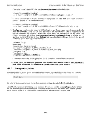 Joel Barrios Dueñas                                   Implementación de Servidores con GNU/Linux

      Enterprise Linux 3, CentOS 3.0 y versiones posteriores), deberá ejecutar:

      cd /usr/lib/mozilla/plugins/
      ln -s /usr/java/jre1.5.0_04/plugin/i386/ns7/libjavaplugin_oji.so ./

      Si utiliza una versión de Mozilla o Netscape compilada con GCC 2.96 (Red Hat™ Enterprise
      Linux 2.1 y CentOS 2.1), deberá ejecutar:

      cd /usr/lib/mozilla/plugins/
      ln -s /usr/java/jre1.5.0_04/plugin/i386/ns7-gcc29/libjavaplugin_oji.so ./

    9. En algunas versiones del paquete RPM se incluye un fichero que muestra una entrada
       para el escritorio, pero hay un error de omisión en dicho fichero. Éste es responsable de
       que las preferencias de Java™ aparezcan en el menú de preferencias del escritorio. De
       existir, modifique el fichero /usr/share/applications/sun_java.desktop y añada un ";"
       (punto y coma) al final de la línea Categories=Application;Settings, de modo tal que el
       contenido quede de la siguiente manera:

      [Desktop Entry]
      Name=Java
      Comment=Java Control Panel
      Exec=/usr/java/jre1.5.0_04/bin/ControlPanel
      Icon=/usr/java/jre1.5.0_04/plugin/desktop/sun_java.png
      Terminal=false
      Type=Application
      Categories=Application;Settings;

      Si el fichero no existe, puede generarlo con el contenido anteriormente mostrado.

    10.Cierre todas las sesiones gráficas y de consola que estén abiertas (NO SIGNIFICA
      QUE DEBE REINICIAR EL SISTEMA) y vuelva a ingresar como usuario.

62.2. Comprobaciones
Para comprobar si Java™ quedó instalado correctamente, ejecute lo siguiente desde una terminal

        which java



Lo anterior debe devolver que el mandato java está en /usr/java/jre1.5.0_04/bin/java.

Abra Mozilla, Epiphany o Galeon y en la barra de direcciones escriba about:plugins. Pulse la tecla
ENTER. Deberá aparecer la información acerca de las extensiones instaladas para Mozilla, y entre
éstas deberá aparecer la información correspondiente a la extensión (plug-in) Java™




                                                446
 