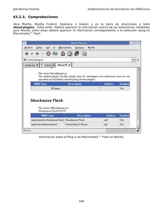 Joel Barrios Dueñas                                 Implementación de Servidores con GNU/Linux


63.2.3. Comprobaciones

Abra Mozilla, Mozilla Firebird, Epiphany o Galeon y en la barra de direcciones y tecle
about:plugins. Pulse enter. Deberá aparecer la información acerca de las extensiones instaladas
para Mozilla; entre éstas deberá aparecer la información correspondiente a la extensión (plug-in)
Macromedia™ Flash




                  Información sobre el Plug-in de Macromedia™ Flash en Mozilla.




                                              449
 