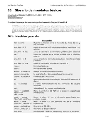 Joel Barrios Dueñas                                                                         Implementación de Servidores con GNU/Linux


66. Glosario de mandatos básicos
Actualizado el Sábado 19/04/2003, 07:36:14 GMT -0600.
Pablo Marcelo Moia
gammexane@linuxparatodos.net
http://www.linuxparatodos.net/



Creative Commons Reconocimiento-NoComercial-CompartirIgual 2.1

        © 1999-2007 Joel Barrios Dueñas. Usted es libre de copiar, distribuir y comunicar públicamente la obra y hacer obras derivadas bajo las condiciones
        siguientes: a) Debe reconocer y citar al autor original. b) No puede utilizar esta obra para fines comerciales. c) Si altera o transforma esta obra,
        o genera una obra derivada, sólo puede distribuir la obra generada bajo una licencia idéntica a ésta. Al reutilizar o distribuir la obra, tiene que dejar
        bien claro los términos de la licencia de esta obra. Alguna de estas condiciones puede no aplicarse si se obtiene el permiso del titular de los derechos
        de autor. Los derechos derivados de usos legítimos u otras limitaciones no se ven afectados por lo anterior. La información contenida en este
        documento y los derivados de éste se proporcionan tal cual son y los autores no asumirán responsabilidad alguna si el usuario o lector hace mal uso de
        éstos.



66.1. Mandatos generales
                                                                  Búsquedas
            man mandato                                Muestra un manual sobre el mandato. Su modo de uso y
                                                       sus variantes.
            shutdown -h 5                              Apaga el sistema en 5 minutos después de ejecutarse y no
                                                       reinicia.
            shutdown -h now                            Apaga el sistema en ese momento y NO lo vuelve a reinicia
            halt                                       Apaga el sistema de la misma manera que el mandato
                                                       anterior.
            shutdown -r 5                              Apaga el sistema 5 minutos después de haberlo ejecutado
                                                       y reinicia.
            shutdown -r now                            Apaga el sistema en ese momento y reinicia.
            reboot                                     Reinicia el sistema.
            startx                                     Inicia el entorno gráfico.
            adduser miusuario                          Agrega un usuario llamado miusuario.
            passwd miusuario                           Le asigna la clave de acceso al usuario miusuario.
            userdel miusuario                          Borra la cuenta miusuario.
            su                                         Da momentáneamente privilegios de ROOT (Si sabemos la
                                                       clave :) )
            su - miusuario                             Se toma momentáneamente los privilegios del usuario
                                                       miusuario.
            exit                                       Sale del perfil del usuario que lo ejecuta.
            mount -t iso9660                           Monta la unidad de CD-ROM en el directorio especificado
            /dev/cdrom                                 (/mnt/cdrom)
            /mnt/cdrom
            mount -t msdos       Monta el disco "C" en el directorio especificado con
            /dev/hda1 /mnt/win_c partición msdos.
            mount -t vfat        Monta el disco "C" con partición FAT en el directorio
            /dev/hda1 /mnt/win_c especificado.
            umount /mnt/cdrom                          Desmonta el CD-ROM.
            umount /mnt/win_c                          Desmonta el disco rígido "C"
            usermount                                  Una forma fácil y rápida de montar y desmontar unidades.


                                                                                 456
 