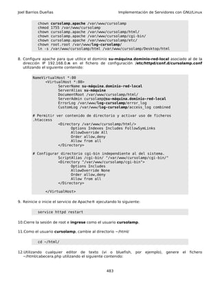 Joel Barrios Dueñas                                    Implementación de Servidores con GNU/Linux


           chown   cursolamp.apache /var/www/cursolamp
           chmod   1755 /var/www/cursolamp
           chown   cursolamp.apache /var/www/cursolamp/html/
           chown   cursolamp.apache /var/www/cursolamp/cgi-bin/
           chown   cursolamp.apache /var/www/cursolamp/etc/
           chown   root.root /var/www/log-cursolamp/
           ln -s   /var/www/cursolamp/html /var/www/cursolamp/Desktop/html

8. Configure apache para que utilice el dominio su-máquina.dominio-red-local asociado al de la
   dirección IP 192.168.0.n en el fichero de configuración /etc/httpd/conf.d/cursolamp.conf
   utilizando el siguiente contenido:

        NameVirtualHost *:80
              <VirtualHost *:80>
                    ServerName su-máquina.dominio-red-local
                    ServerAlias su-máquina
                    DocumentRoot /var/www/cursolamp/html/
                    ServerAdmin cursolamp@su-máquina.dominio-red-local
                    ErrorLog /var/www/log-cursolamp/error_log
                    CustomLog /var/www/log-cursolamp/access_log combined

        # Permitir ver contenido de directorio y activar uso de ficheros
        .htaccess
                    <Directory /var/www/cursolamp/html/>
                          Options Indexes Includes FollowSymLinks
                          AllowOverride All
                          Order allow,deny
                          Allow from all
                    </Directory>

        # Configurar directorio cgi-bin independiente al del sistema.
                    ScriptAlias /cgi-bin/ "/var/www/cursolamp/cgi-bin/"
                    <Directory "/var/www/cursolamp/cgi-bin">
                          Options Includes
                          AllowOverride None
                          Order allow,deny
                          Allow from all
                    </Directory>

               </VirtualHost>

9. Reinicie o inicie el servicio de Apache® ejecutando lo siguiente:

           service httpd restart

10.Cierre la sesión de root e ingrese como el usuario cursolamp.

11.Como el usuario cursolamp, cambie al directorio ~/html/

           cd ~/html/

12.Utilizando cualquier editor de texto (vi o bluefish,          por   ejemplo),   genere   el   fichero
  ~/html/cabecera.php utilizando el siguiente contenido:



                                                 483
 