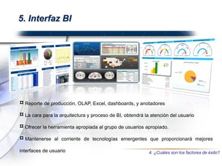 5. Interfaz BI
¤ Reporte de producción, OLAP, Excel, dashboards, y anotadores
¤ La cara para la arquitectura y proceso de BI, obtendrá la atención del usuario
¤ Ofrecer la herramienta apropiada al grupo de usuarios apropiado.
¤ Mantenerse al corriente de tecnologías emergentes que proporcionará mejores
interfaces de usuario 4. ¿Cuáles son los factores de éxito?
 