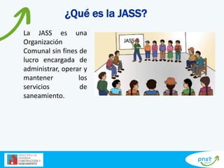 ¿Qué es la JASS?
La JASS es una
Organización
Comunal sin fines de
lucro encargada de
administrar, operar y
mantener los
servicios de
saneamiento.
 