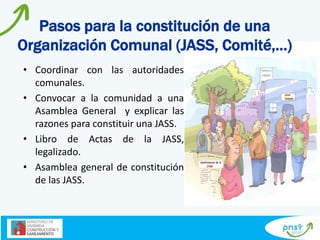 • Coordinar con las autoridades
comunales.
• Convocar a la comunidad a una
Asamblea General y explicar las
razones para constituir una JASS.
• Libro de Actas de la JASS,
legalizado.
• Asamblea general de constitución
de las JASS.
Pasos para la constitución de una
Organización Comunal (JASS, Comité,…)
 