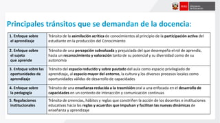 1. Enfoque sobre
el aprendizaje
Tránsito de la asimilación acrítica de conocimientos al principio de la participación activa del
estudiante en la producción del Conocimiento
2. Enfoque sobre
el sujeto
que aprende
Tránsito de una percepción subvaluada y prejuiciada del que desempeña el rol de aprendiz,
hacia un reconocimiento y valoración tanto de su potencial y su diversidad como de su
autonomía
3. Enfoque sobre las
oportunidades de
aprendizaje
Tránsito del espacio reducido y sobre pautado del aula como espacio privilegiado de
aprendizaje, al espacio mayor del entorno, la cultura y los diversos procesos locales como
oportunidades válidas de desarrollo de capacidades
4. Enfoque sobre
la pedagogía
Tránsito de una enseñanza reducida a la trasmisión oral a una enfocada en el desarrollo de
capacidades en un contexto de interacción y comunicación continuas
5. Regulaciones
institucionales
Tránsito de creencias, hábitos y reglas que constriñen la acción de los docentes e instituciones
educativas hacia las reglas y acuerdos que impulsan y facilitan las nuevas dinámicas de
enseñanza y aprendizaje
Principales tránsitos que se demandan de la docencia:
 