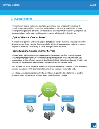 VIRTUALIZACIÓN ASIX2
24
3. vCenter Server
vCenter Server es una plataforma escalable y ampliable para una gestión proactiva de
virtualización, que posibilita la máxima visibilidad de la infraestructura virtual. vCenter
Server permite gestionar de forma centralizada los entornos VMware vSphere y simplifica las
tareas cotidianas mejorando notablemente el control administrativo de entorno.
¿Qué es VMware vCenter Server?
vCenter Server permite unificar la gestión de todos los hosts y máquinas virtuales del centro
de datos en una única consola. De este modo los administradores pueden mejorar el control,
simplificar las tareas cotidianas y el coste de la gestión de entornos.
¿Cómo funciona VMware vCenter Server?
vCenter Server incluye diversos componentes fundamentales que funcionan de manera
conjunta para proporcionar un centro escalable para la gestión de la virtualización. Los
servidores de gestión ofrecen puntos de gestión centrales a los hosts y máquinas virtuales con
información de inventario y rendimiento almacenada en una base de datos.
Para acceder a vCenter Server se puede utilizar vSphere Client en cualquier pc con Windows o
también con vSphere Web Client remotamente desde cualquier explorador web.
Los roles y permisos se replican entre los servidores de gestión, de esta forma se pueden
gestionar varias instancias de vCenter Server desde la misma consola.
 