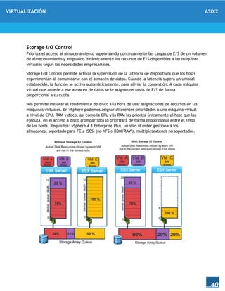 VIRTUALIZACIÓN ASIX2
40
Storage I/O Control
Prioriza el acceso al almacenamiento supervisando continuamente las cargas de E/S de un volumen
de almacenamiento y asignando dinámicamente los recursos de E/S disponibles a las máquinas
virtuales según las necesidades empresariales.
Storage I/O Control permite activar la supervisión de la latencia de dispositivos que los hosts
experimentan al comunicarse con el almacén de datos. Cuando la latencia supera un umbral
establecido, la función se activa automáticamente, para aliviar la congestión. A cada máquina
virtual que accede a ese almacén de datos se le asignan recursos de E/S de forma
proporcional a su cuota.
Nos permite mejorar el rendimiento de disco a la hora de usar asignaciones de recursos en las
máquinas virtuales. En vSphere podemos asignar diferentes prioridades a una máquina virtual
a nivel de CPU, RAM y disco, así como la CPU y la RAM las prioriza únicamente el host que las
ejecuta, en el acceso a disco (compartido) lo priorizará de forma proporcional entre el resto
de los hosts. Requisitos: vSphere 4.1 Enterprise Plus, un sólo vCenter gestionará los
almacenes, soportado para FC e iSCSI (no NFS o RDM/RAW), multiplesextends no soportados.
 
