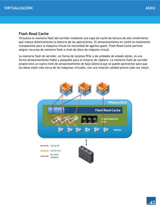 VIRTUALIZACIÓN ASIX2
42
Flash Read Cache
Virtualiza la memoria flash del servidor mediante una capa de caché de lectura de alto rendimiento
que reduce drásticamente la latencia de las aplicaciones. El almacenamiento en caché es totalmente
transparente para la máquina virtual sin necesidad de agentes guest. Flash Read Cache permite
asignar recursos de memoria flash a nivel de disco de máquina virtual.
La memoria flash de servidor, en forma de tarjetas PCIe o de unidades de estado sólido, es una
forma almacenamiento fiable y asequible para el entorno de vSphere. La memoria flash de servidor
proporciona un nuevo nivel de almacenamiento de baja latencia que se puede aprovechar para que
los datos estén más cerca de las máquinas virtuales, con una relación calidad-precio cada vez mejor.
 