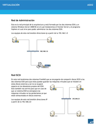 VIRTUALIZACIÓN ASIX2
47
Red de Administración
Esta es la red principal de la arquitectura y está formada por los dos sistemas ESXI y un
sistema Windows Server 2008 R2 en el cual instalaremos el Vcenter Server y el programa
Vsphere el cual sirve para poder administrar los dos sistemas ESXI.
Los equipos de esta red tendrán direcciones ip a partir de la 192.168.1.0
Red ISCSI
En esta red tendremos dos sistemas FreeNAS que se encargarán de compartir discos ISCSI a los
dos sistemas ESXI para que estos puedan guardar las máquinas virtuales que se instalen en
estos discos externos y así no se ocupará
espacio en los datastores propios del ESXI.
Esto también nos servirá para que en caso de
que un sistema ESXI se estropeara las
máquinas virtuales no las perderíamos ya que
están almacenadas en discos externos.
Los equipos de esta red tendrán direcciones IP
a partir de la 192.168.2.0
 