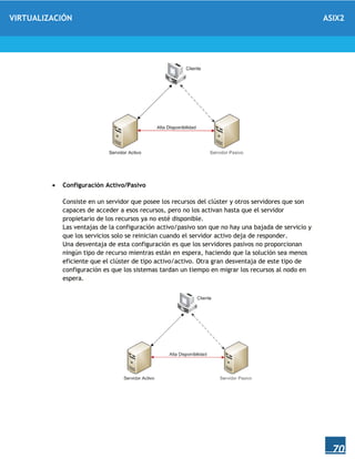 VIRTUALIZACIÓN ASIX2
70
 Configuración Activo/Pasivo
Consiste en un servidor que posee los recursos del clúster y otros servidores que son
capaces de acceder a esos recursos, pero no los activan hasta que el servidor
propietario de los recursos ya no esté disponible.
Las ventajas de la configuración activo/pasivo son que no hay una bajada de servicio y
que los servicios solo se reinician cuando el servidor activo deja de responder.
Una desventaja de esta configuración es que los servidores pasivos no proporcionan
ningún tipo de recurso mientras están en espera, haciendo que la solución sea menos
eficiente que el clúster de tipo activo/activo. Otra gran desventaja de este tipo de
configuración es que los sistemas tardan un tiempo en migrar los recursos al nodo en
espera.
 