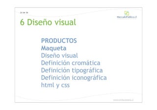 24 de 36




6 Diseño visual

           PRODUCTOS
           Maqueta
           Diseño visual
           Definición cromática
           Definición tipográfica
           Definición iconográfica
           html y css

                                     www.chilecompra.cl
 