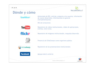 29 de 36



 Dónde y cómo
                Alimentado de RSS, noticias, pregunta a los usuarios, información
                de nuevos desarrollos, informaciones en general
                (retroalimentación)

                RSS de Licitaciones

                Repositorio de videos institucionales, videos de aplicaciones,
                eventos, entre otros.


                Repositorio de Imágenes institucionales, maquetas desarrollo



                Presencia de ChileCompra como organismo público



                Repositorio de las presentaciones institucionales



                Agrupa todo lo anterior



                                      www.chilecompra.cl
 
